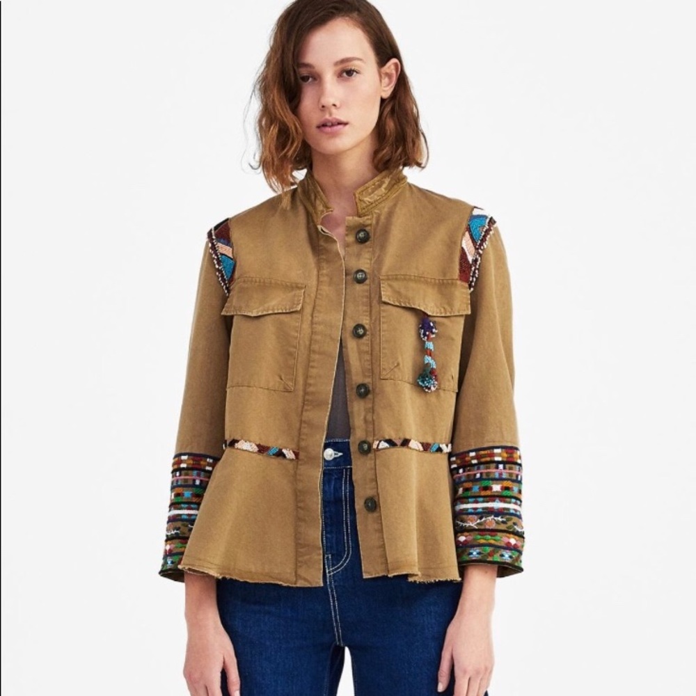 Zara Women’s embroidered beaded khaki jacket NWT